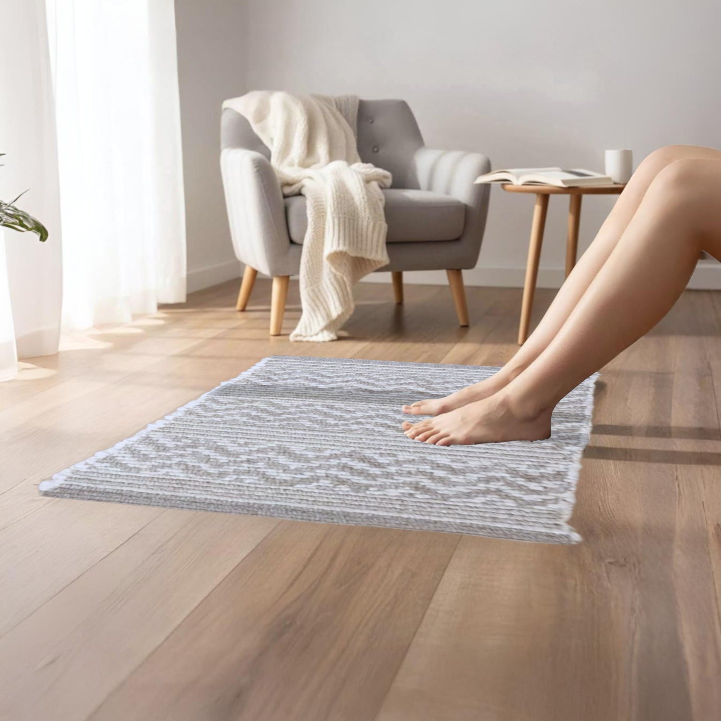 Home Universal® Alfombra Jarapa de Algodón Lavable | Diseño Geométrico Artesanal | Decoración Boho Mediterránea para Salón, Dormitorio, Pasillo y Cocina | Suave, Ligera y Resistente | Gris (Rayas y Zigzag)