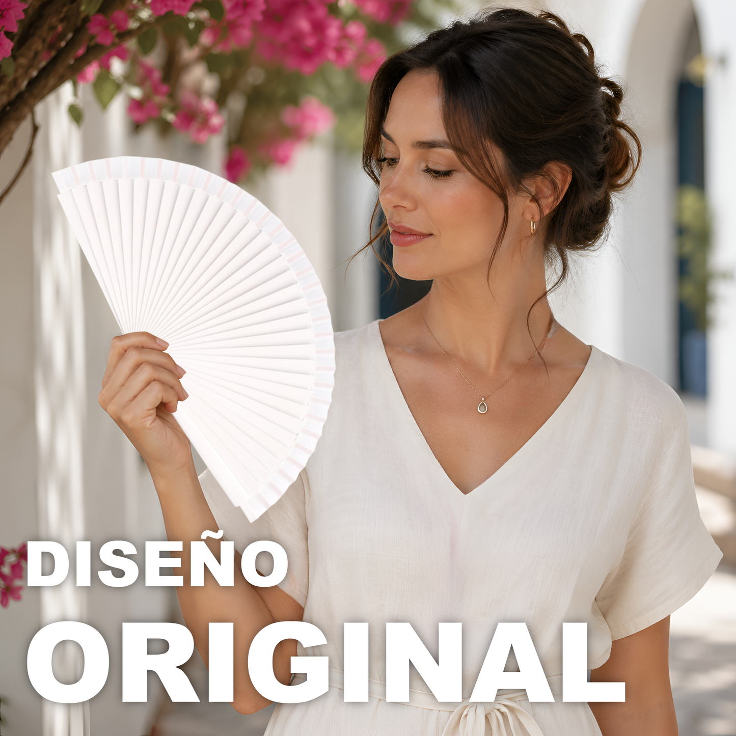 Home Universal® Pack de 1/2 Abanicos de Madera Lacados, Disponibles en Varios Colores y Tamaños, Abanico Flamenco Español para Bodas, Ferias, Fiestas, Comuniones y Eventos (23 cm, Blanco)