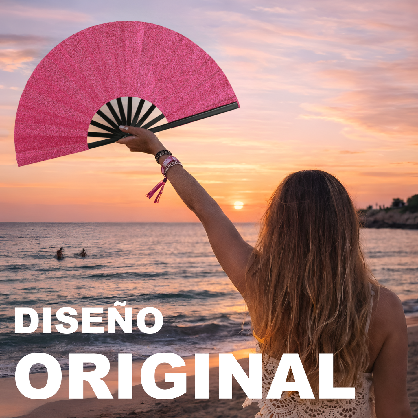 Home Universal® Abanico XXL 33 cm Grande de Plástico con Caja – Plegable, Ligero y Resistente – Efecto Fluorescente Brillante – Ideal para Verano, Fiesta, Discoteca, Pride y Eventos - Rosa (Purpurina)