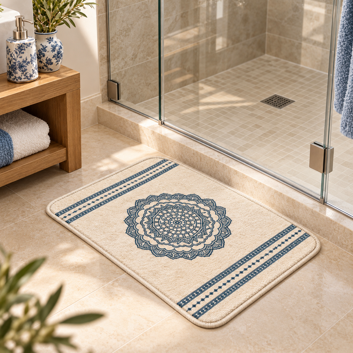 Home Universal® 2 Alfombras de Baño Absorbentes y Antideslizantes, Alfombrillas Suaves con Base de Goma, Lavables a Máquina, para Ducha, Bañera y Lavabo (Mandala Azul, 40 x 60 cm (Rectangular))
