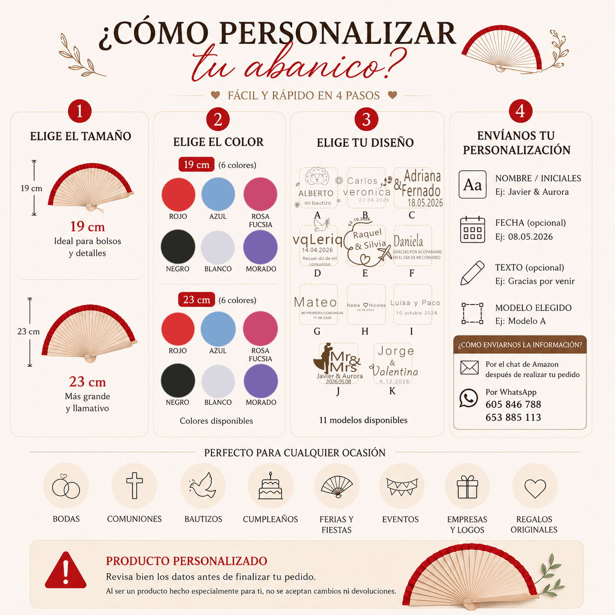 Home Universal® Abanico Personalizado de Madera, 1 Unidad – Detalle Elegante para Boda, Bautizo o Comunión, con Nombre y Fecha, Recuerdo Original para Invitados, 19 y 23 cm(Blanco)
