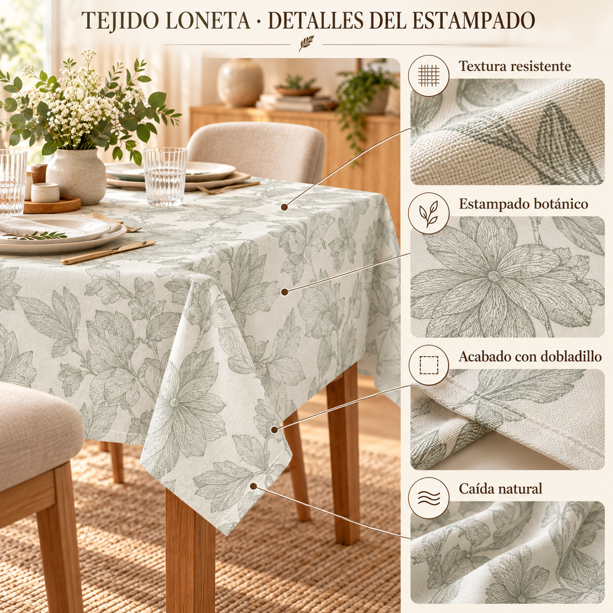 Home Universal® Mantel de Mesa Impermeable y Antimanchas, Tejido de Loneta con Efecto Lino , Liso o Estampado, para Cocina y Comedor (Flores Botánicas)