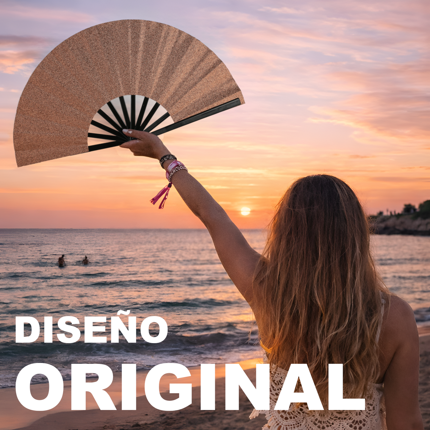 Home Universal® Abanico XXL 33 cm Grande de Plástico con Caja – Plegable, Ligero y Resistente – Efecto Fluorescente Brillante – Ideal para Verano, Fiesta, Discoteca, Pride y Eventos - Marrón (Purpurina)