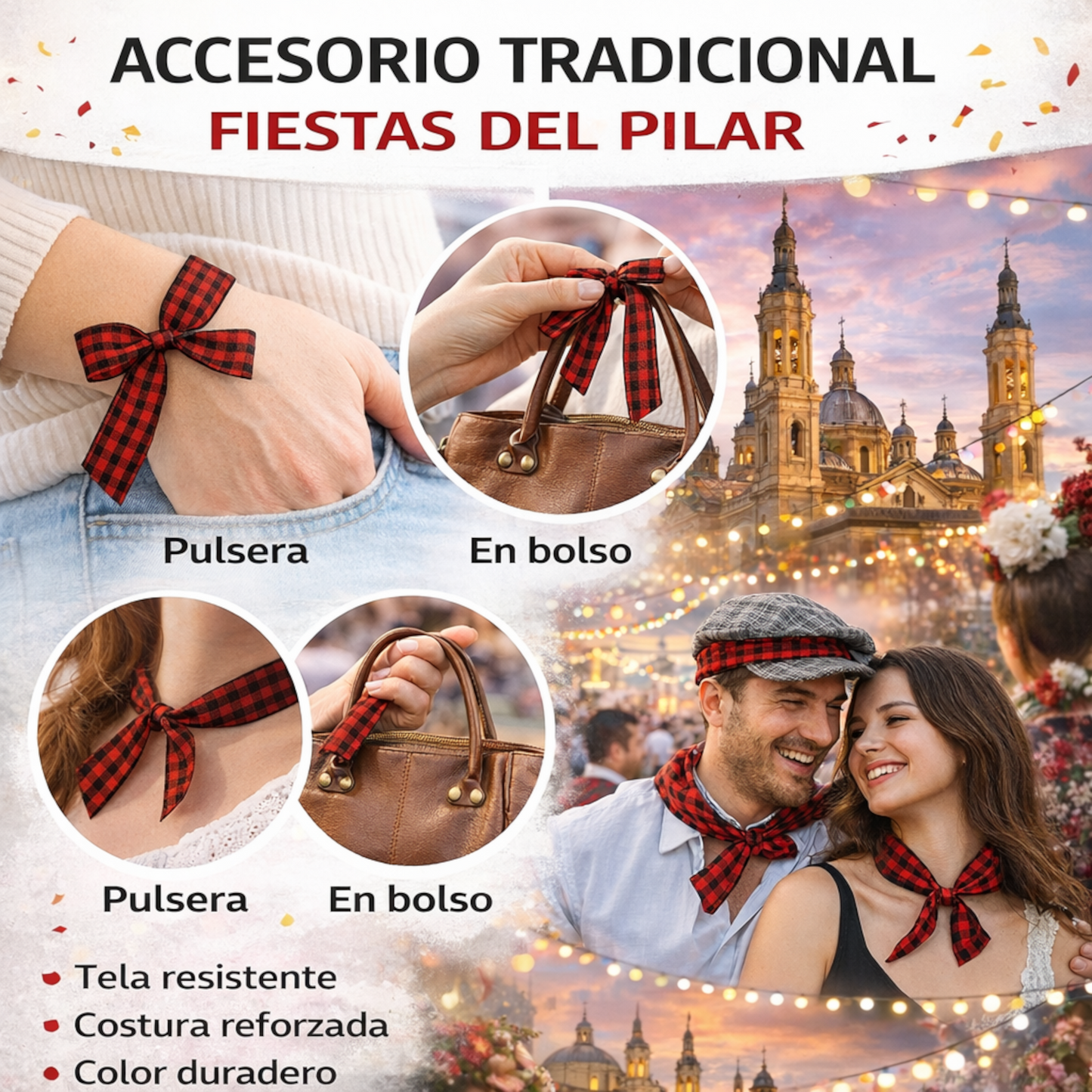 Home Universal® Cinta de Cachirulo 1 Metro de largo y 2,5 cm de ancho – Roja y Negra – Pulsera Tradicional para Fiestas del Pilar Zaragoza – Cinta Cuadros Aragoneses