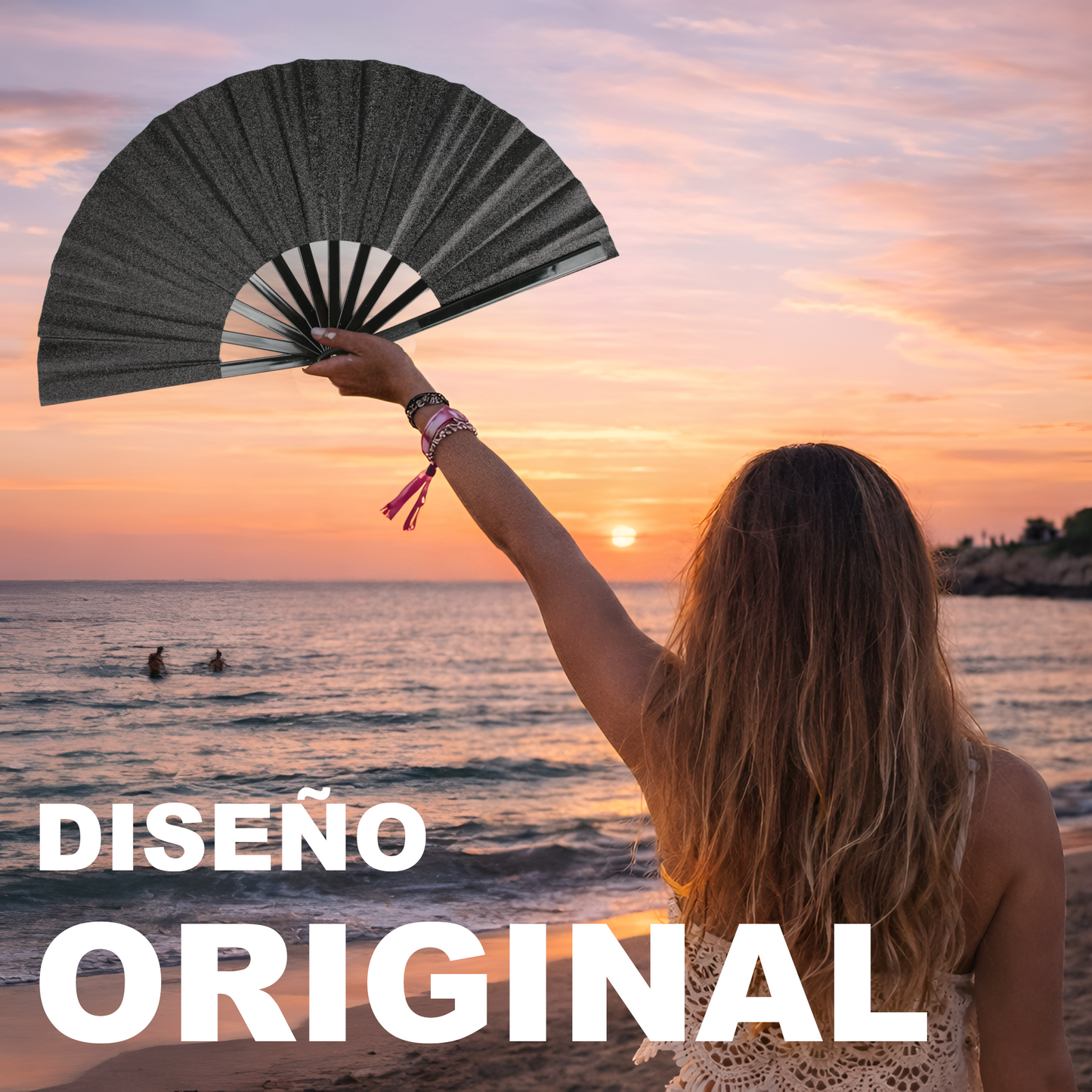Home Universal® Abanico XXL 33 cm Grande de Plástico con Caja – Plegable, Ligero y Resistente – Efecto Fluorescente Brillante – Ideal para Verano, Fiesta, Discoteca, Pride y Eventos - Negro (Purpurina)
