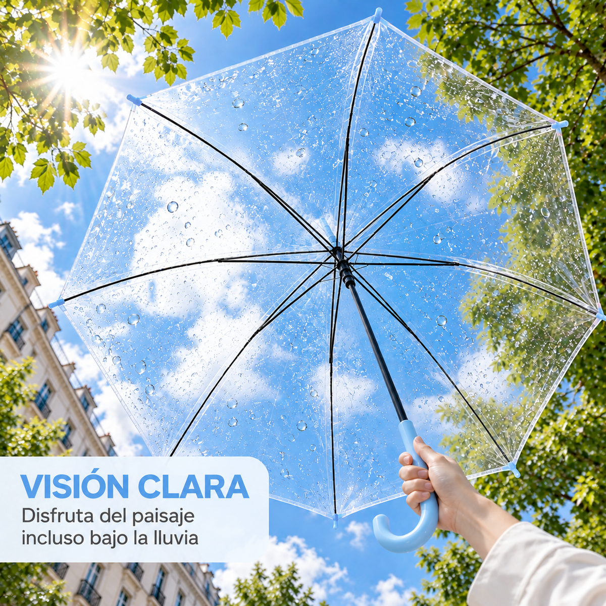 Home Universal® Paraguas Transparente Grande 120 cm, Paraguas de Cúpula con Mango Curvo, Apertura Semiautomática (Azul Claro)