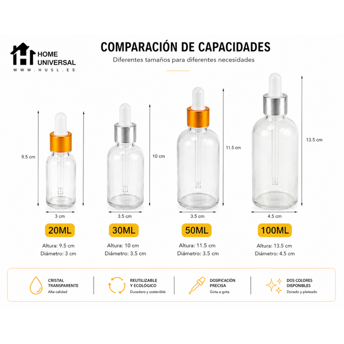 Home Universal® Frascos de Vidrio con Cuentagotas, Pipeta Redonda y Pipeta Larga, Botellas Vacías para Aceites Esenciales, Sérum, Cosmética, Perfumería, DIY (Pipeta Larga, 20ml, 24 Unidades)