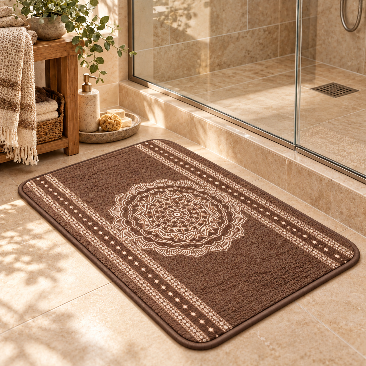 Home Universal® 2 Alfombras de Baño Absorbentes y Antideslizantes, Alfombrillas Suaves con Base de Goma, Lavables a Máquina, para Ducha, Bañera y Lavabo (Mandala Marrón, 45 x 75 cm (Rectangular))