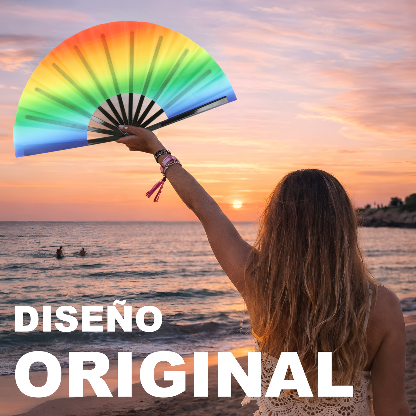 Home Universal® Abanico XXL 33 cm Grande de Plástico con Caja – Plegable, Ligero y Resistente – Efecto Fluorescente Brillante – Ideal para Verano, Fiesta, Discoteca, Pride y Eventos (ArcoÍris - Degradado)