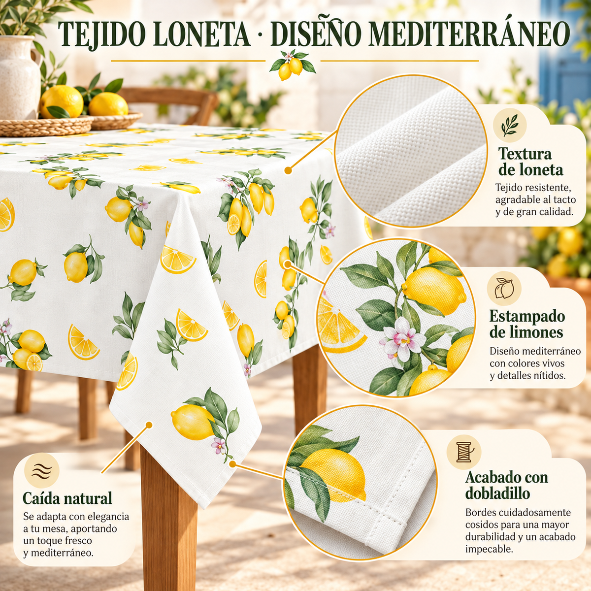 Home Universal® Mantel de Mesa Impermeable y Antimanchas, Tejido de Loneta con Efecto Lino , Liso o Estampado, para Cocina y Comedor (Limones)