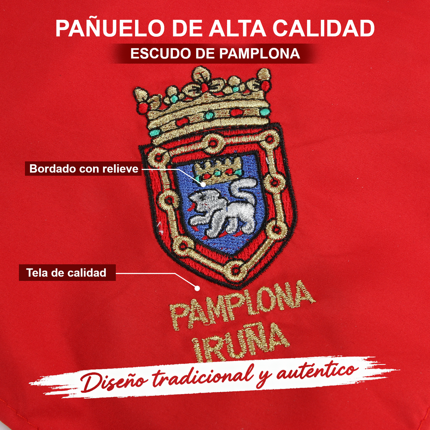 Home Universal® Fiestas Pamplona-Iruña (San Fermín) – Pack Set Accesorios con Pañuelos Rojos y Fajín Rojo Tradicional para Fiestas y Eventos, Estilo Oficial San Fermín (Pañuelo Rojo - Bordado de Escudo de Pamplona)