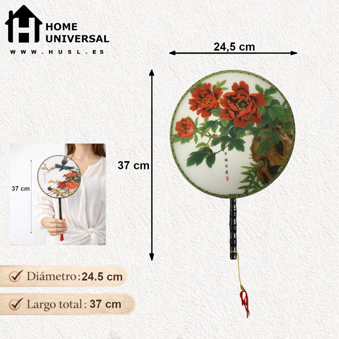 Home Universal® Abanico Redondo Chino - Imprimido de una Sola Cara – Abanico Clásico de Seda Translúcido y Sedoso con Patrón Floral y Mango de Madera – Estilo Oriental Antiguo Decorativo para Hogar o Regalo (Peonías Rojas Clásicas)