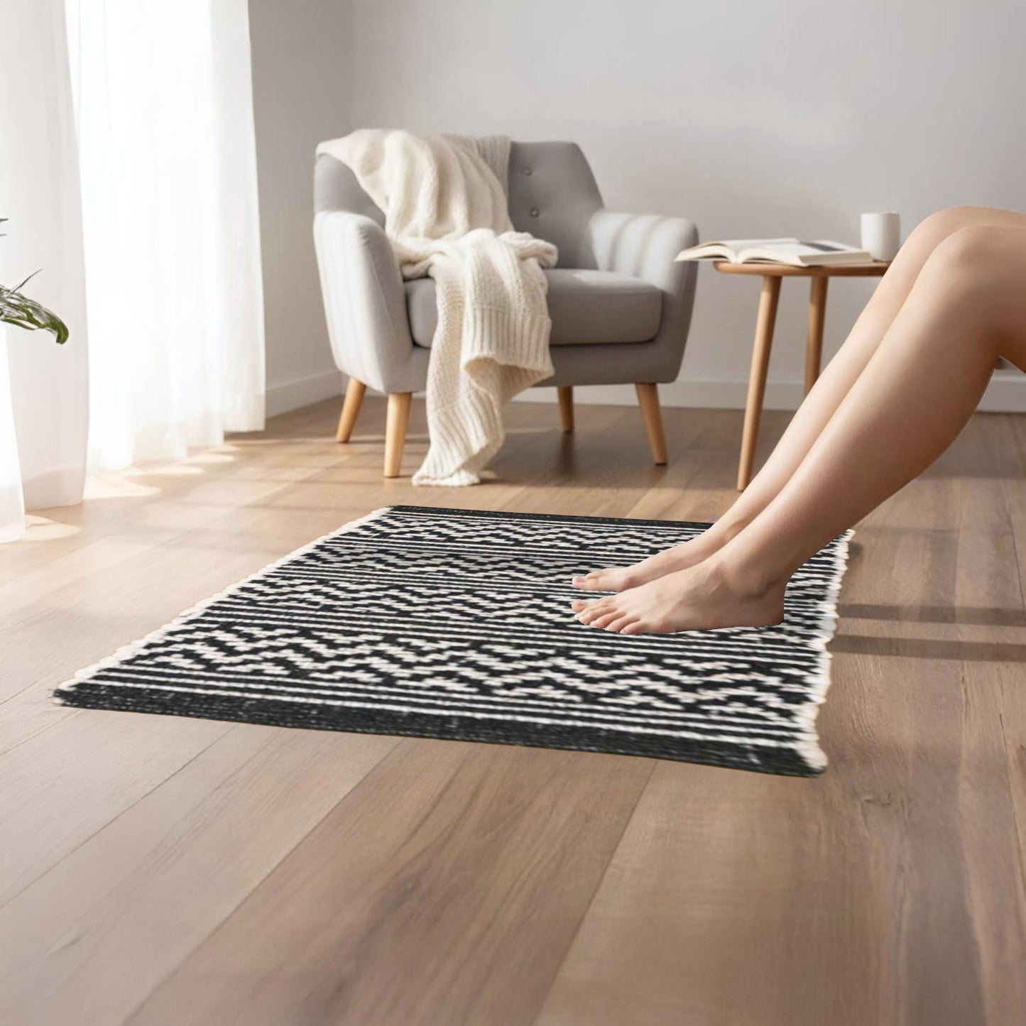 Home Universal® Alfombra Jarapa de Algodón Lavable | Diseño Geométrico Artesanal | Decoración Boho Mediterránea para Salón, Dormitorio, Pasillo y Cocina | Suave, Ligera y Resistente | Negro (Rayas y Zigzag)