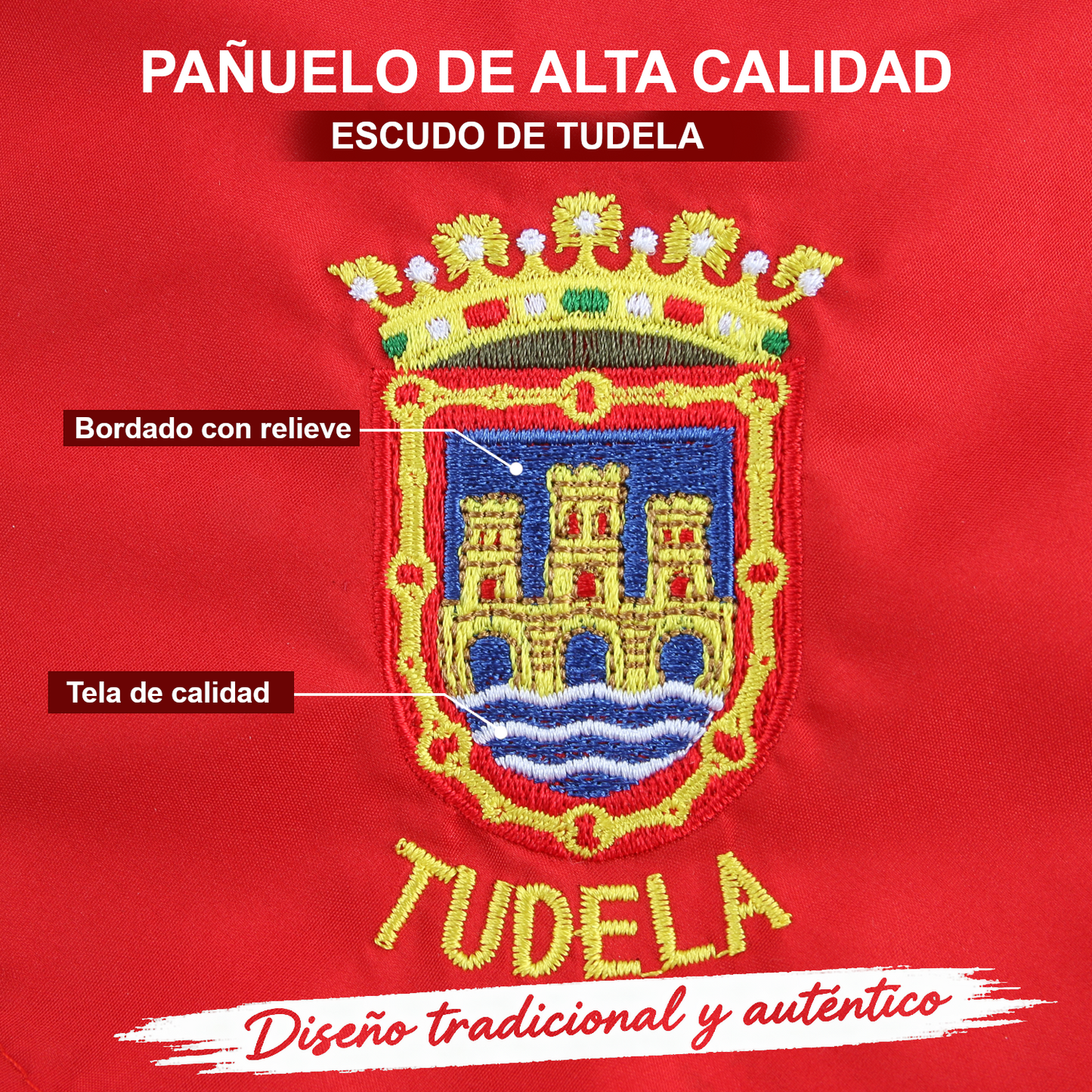 Home Universal® Pañuelo Rojo para Fiestas de Tudela Santa Ana – Tradicional, Cómodo y Resistente para Celebraciones y Eventos Populares (Pañuelo Rojo - Bordado de Escudo Tudela, Modelo 02)
