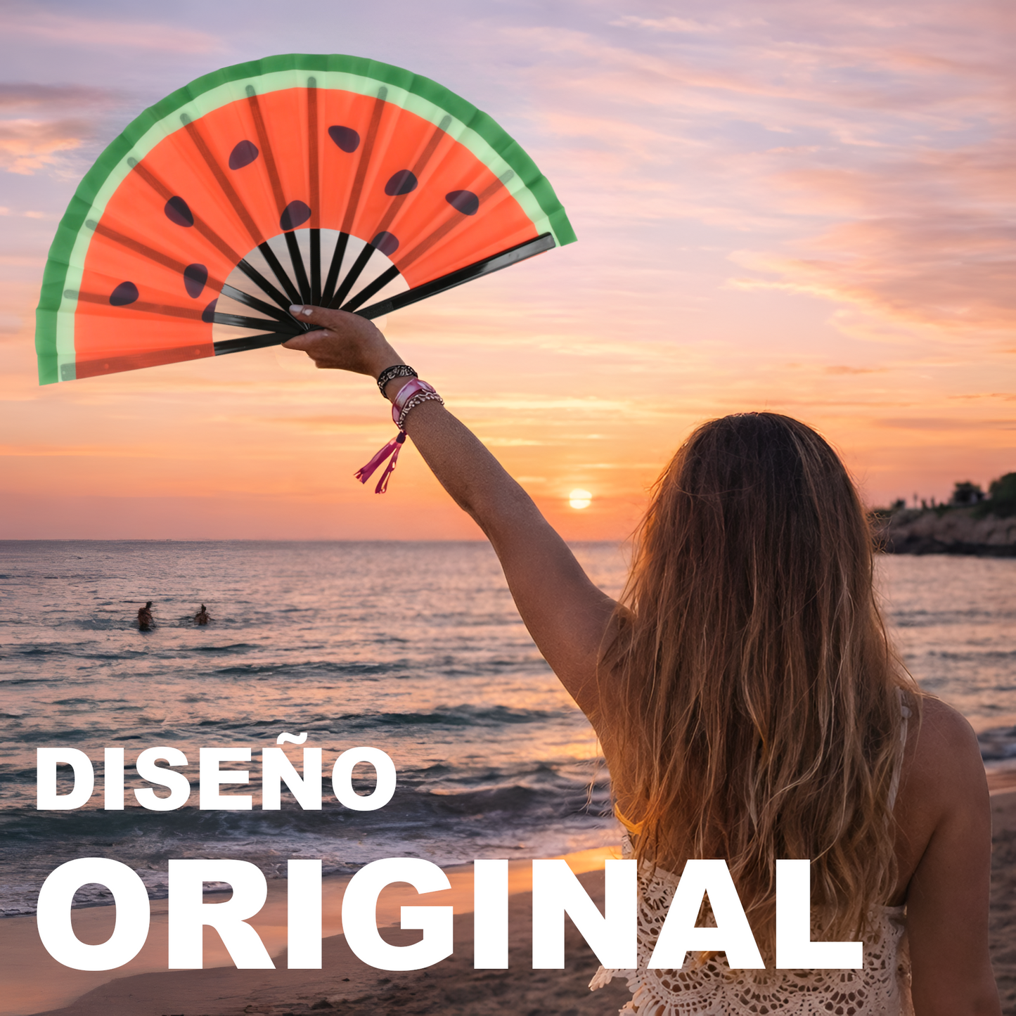 Home Universal® Abanico XXL 33 cm Grande de Plástico con Caja – Plegable, Ligero y Resistente – Efecto Fluorescente Brillante – Ideal para Verano, Fiesta, Discoteca, Pride y Eventos (Sandia)
