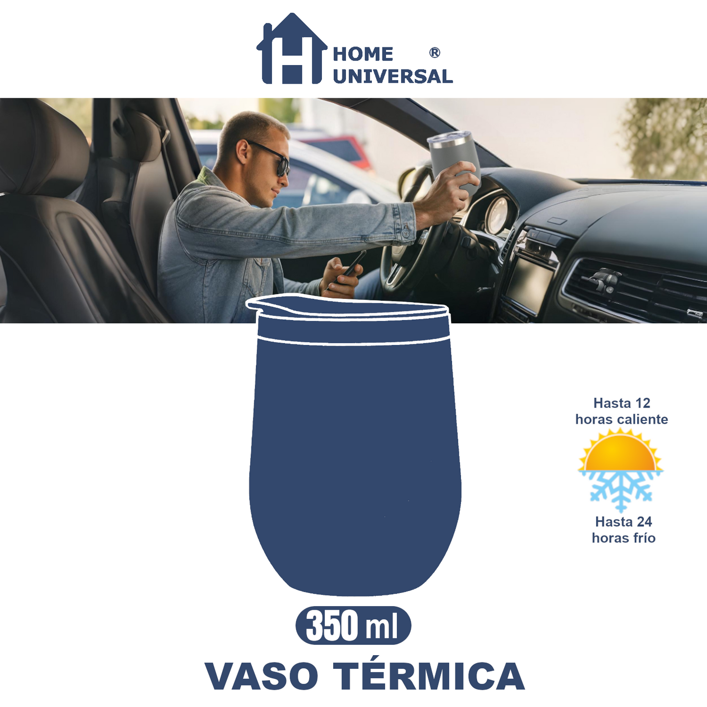 Home Universal® Vaso Térmico 350 ml de Acero Inoxidable con Aislamiento al Vacío y Doble Pared, Mantiene Bebidas Calientes y Frías, Reutilizable y Portátil (Negro)