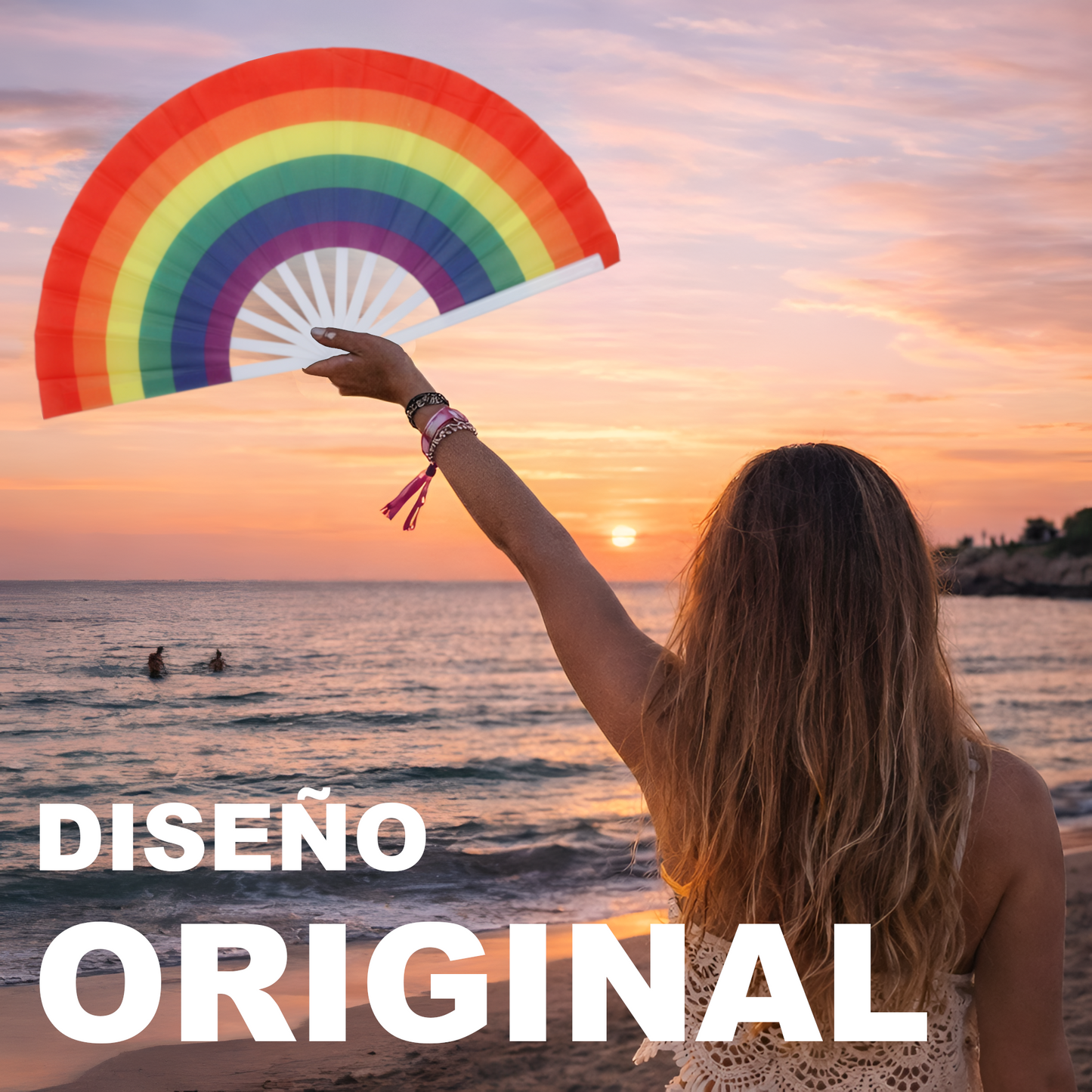 Home Universal® Abanico XXL 33 cm Grande de Plástico con Caja – Plegable, Ligero y Resistente – Efecto Fluorescente Brillante – Ideal para Verano, Fiesta, Discoteca, Pride y Eventos (ArcoÍris - Estampado)