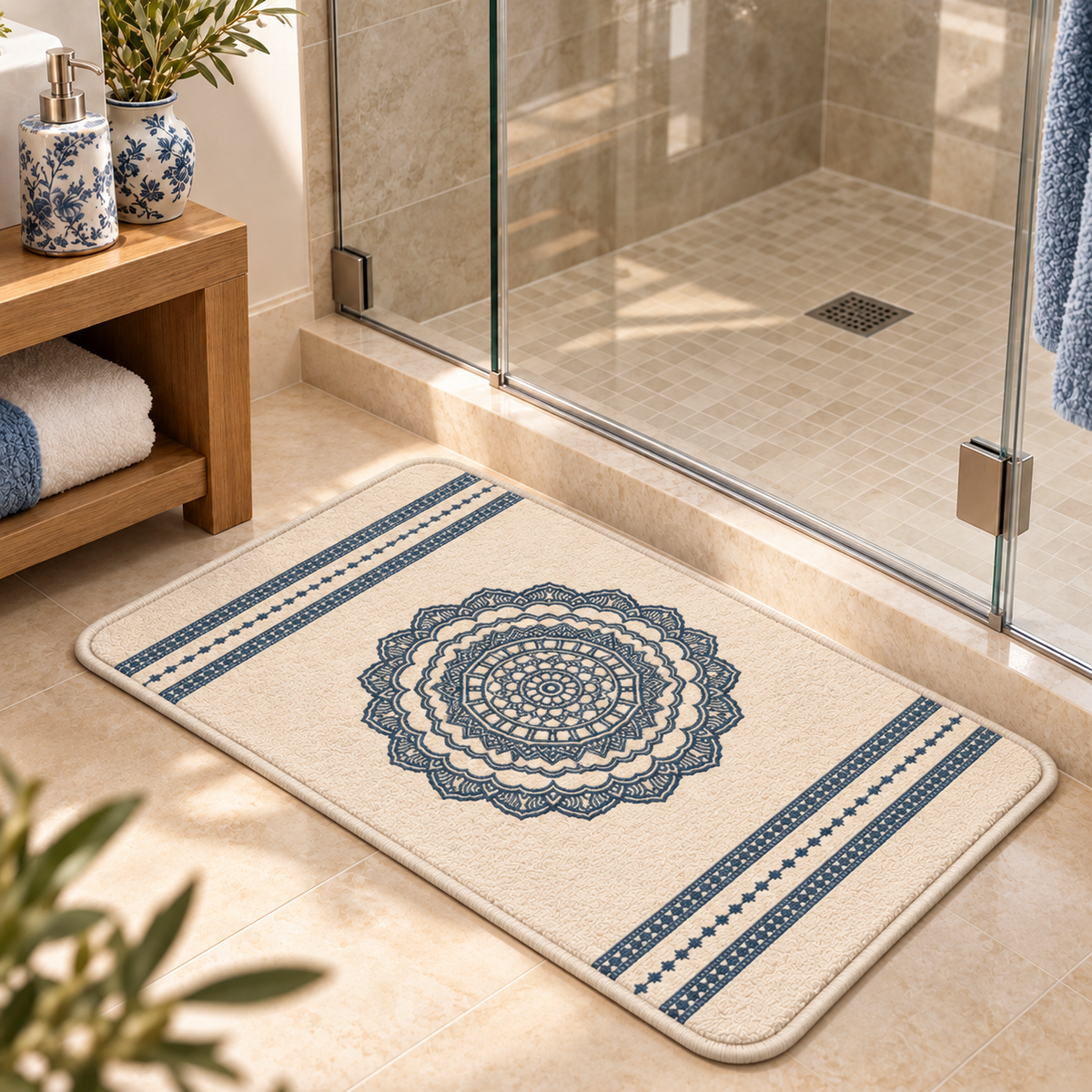 Home Universal® 2 Alfombras de Baño Absorbentes y Antideslizantes, Alfombrillas Suaves con Base de Goma, Lavables a Máquina, para Ducha, Bañera y Lavabo (Mandala Azul, 45 x 75 cm (Rectangular))