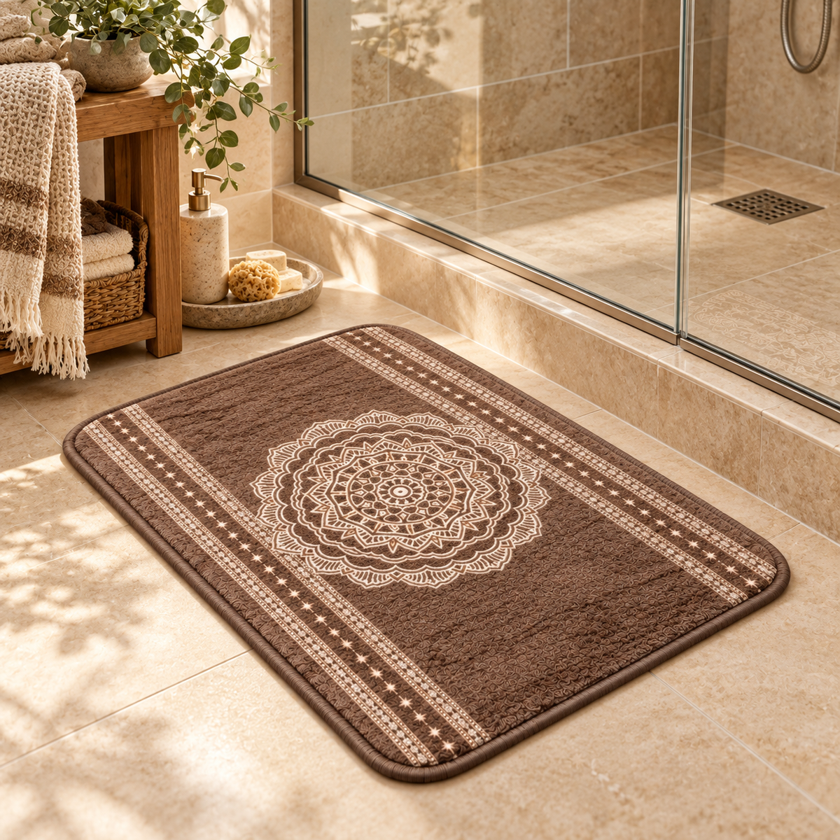 Home Universal® 2 Alfombras de Baño Absorbentes y Antideslizantes, Alfombrillas Suaves con Base de Goma, Lavables a Máquina, para Ducha, Bañera y Lavabo (Mandala Marrón, 40 x 60 cm (Rectangular))