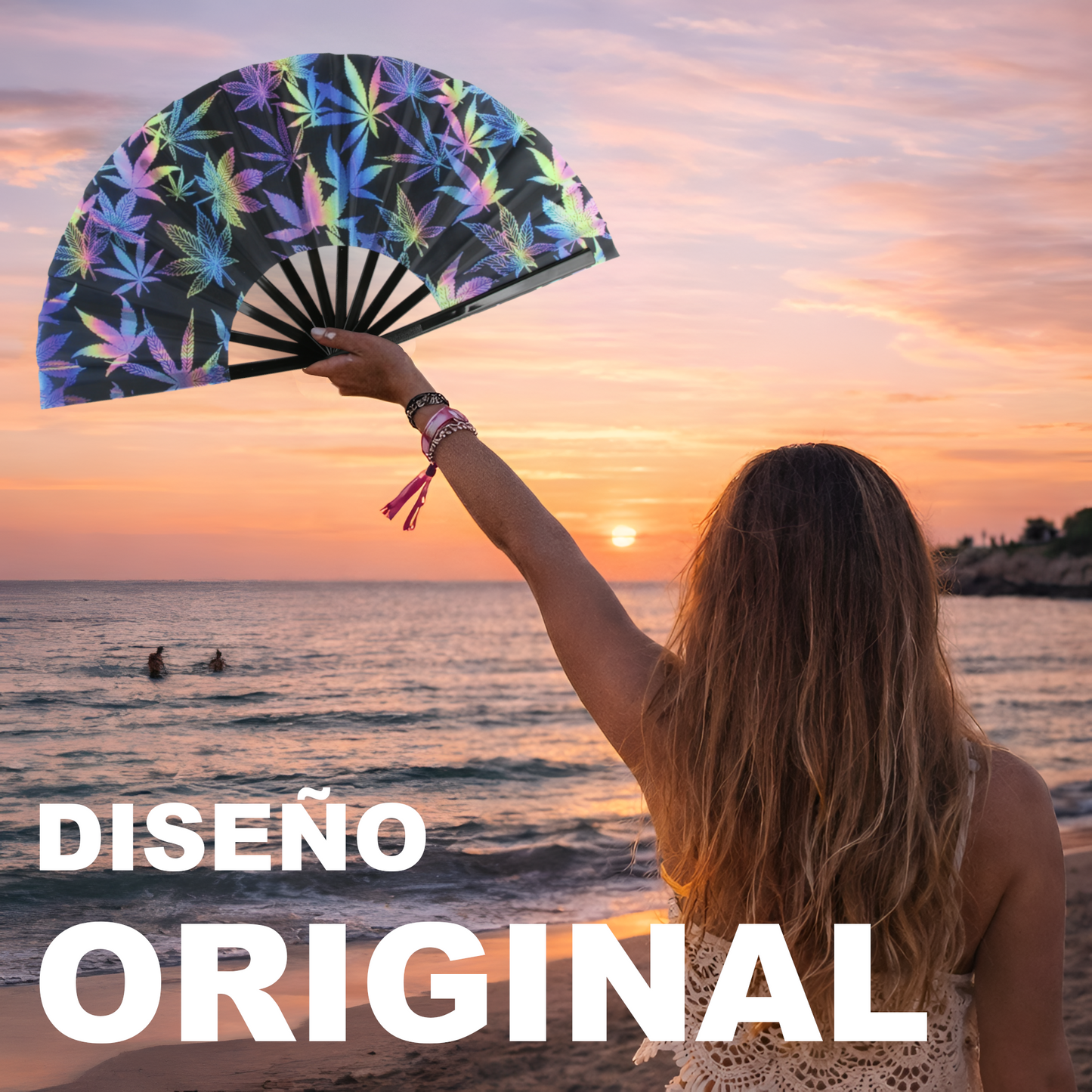 Home Universal® Abanico XXL 33 cm Grande de Plástico con Caja – Plegable, Ligero y Resistente – Efecto Fluorescente Brillante – Ideal para Verano, Fiesta, Discoteca, Pride y Eventos (Hierbas - Multicolor)