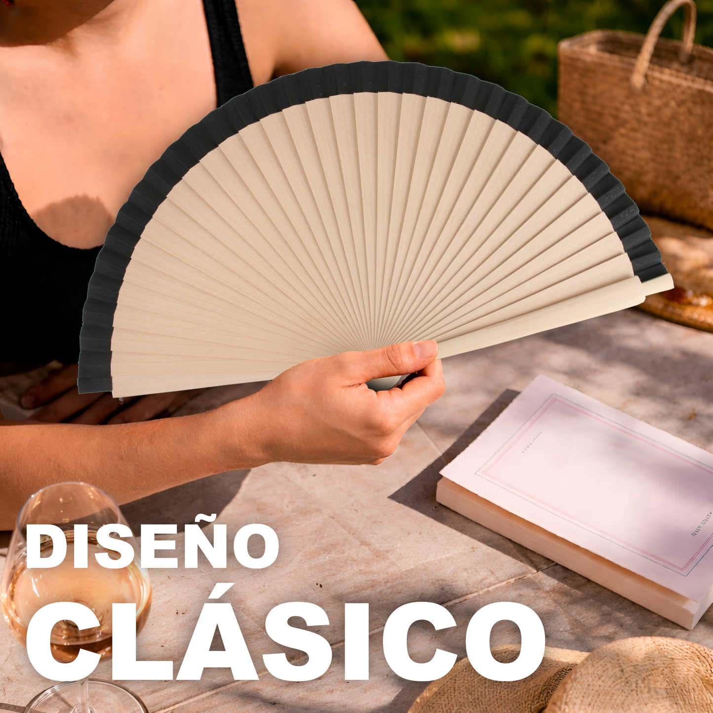 Home Universal®  Abanicos de Madera con Argolla para Cuello, Plegables con Tela en Varios Colores - Ligeros, Portátiles y Resistentes para Eventos, Bodas y Verano - Negro 23 CM (12 Unidades)