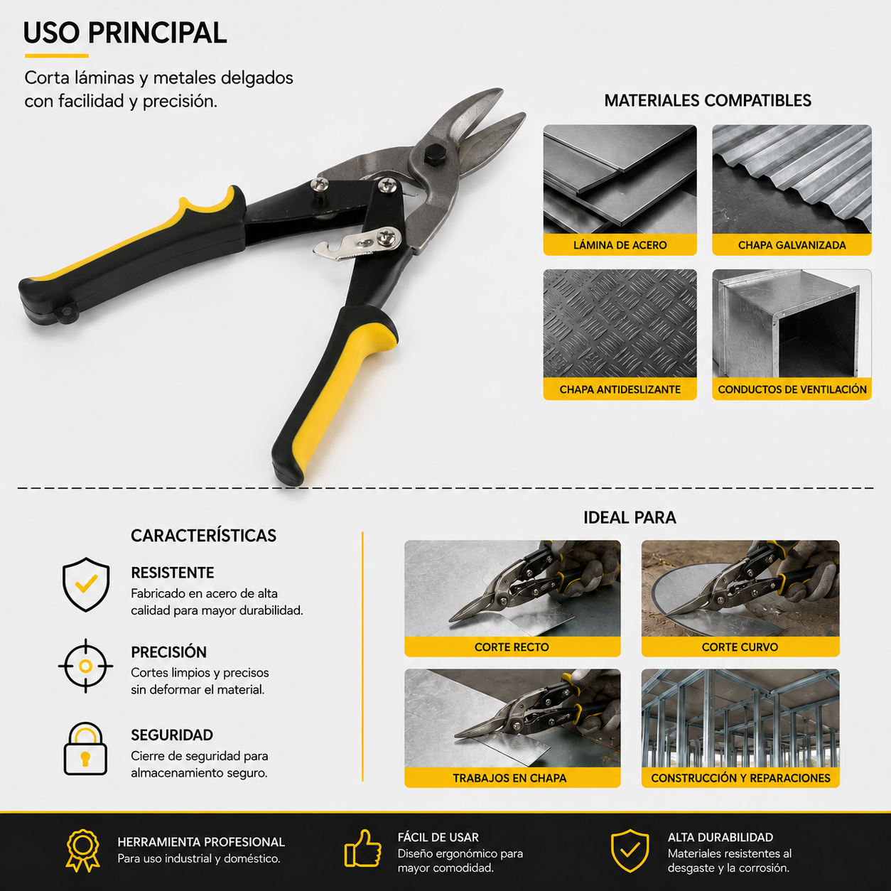 Home Universal® Tijeras Cortachapas Rectas Profesionales 25CM – Cizalla Manual para Cortar Chapa Metálica, Acero, Aluminio y PVC – Herramienta de Bricolaje y Construcción