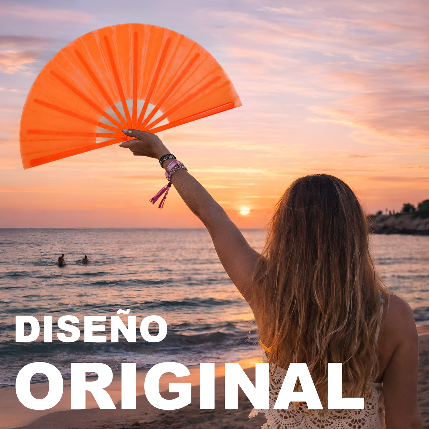 Home Universal® Abanico XXL 33 cm Grande de Plástico con Caja – Plegable, Ligero y Resistente – Efecto Fluorescente Brillante – Ideal para Verano, Fiesta, Discoteca, Pride y Eventos - Naranja (Liso)