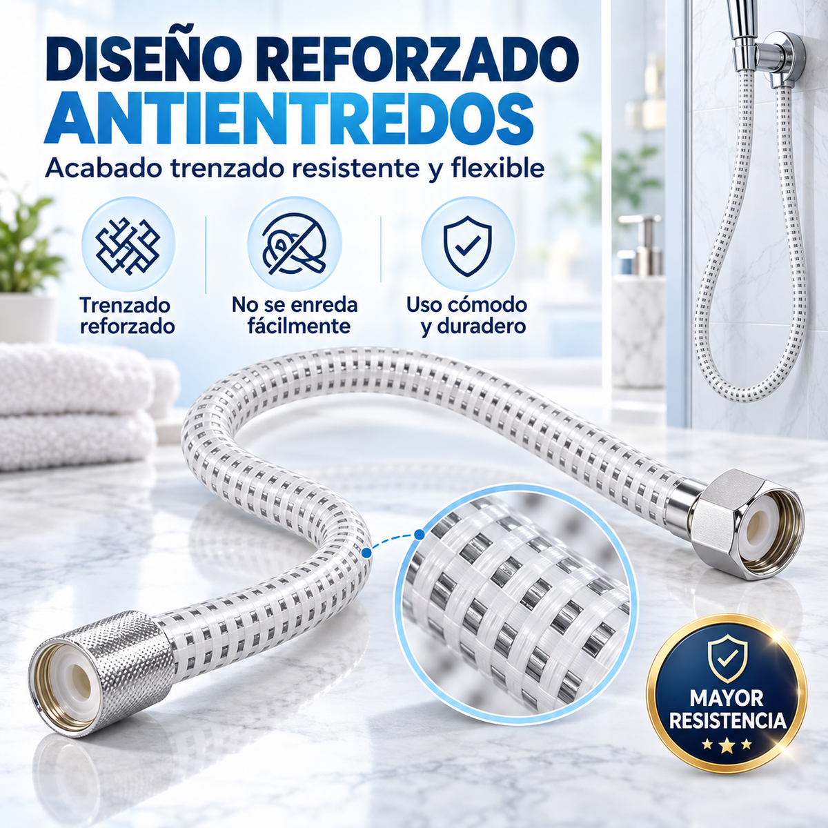 Home Universal® Manguera de Ducha Universal G1/2 – Flexible, Antienredos y Fácil de Instalar, Compatible con la Mayoría de Duchas (Blanco Plata (2.0m))