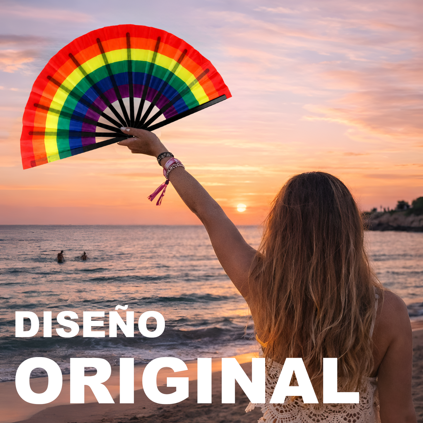 Home Universal® Abanico XXL 33 cm Grande de Plástico con Caja – Plegable, Ligero y Resistente – Efecto Fluorescente Brillante – Ideal para Verano, Fiesta, Discoteca, Pride y Eventos - ARCOIRIS_Noir (Estampado)