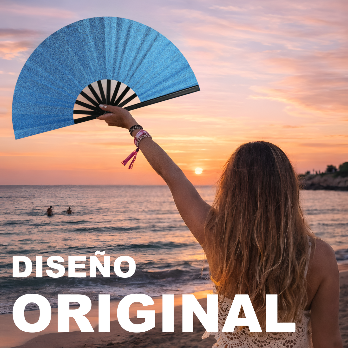 Home Universal® Abanico XXL 33 cm Grande de Plástico con Caja – Plegable, Ligero y Resistente – Efecto Fluorescente Brillante – Ideal para Verano, Fiesta, Discoteca, Pride y Eventos - Azul (Purpurina)