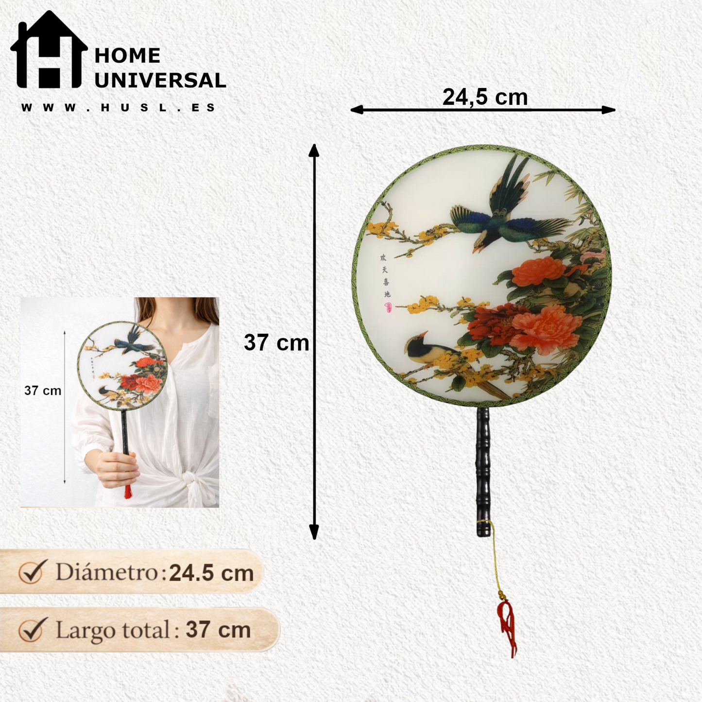 Home Universal® Abanico Redondo Chino - Imprimido de una Sola Cara – Abanico Clásico de Seda Translúcido y Sedoso con Patrón Floral y Mango de Madera – Estilo Oriental Antiguo Decorativo para Hogar o Regalo (Golondrina y Peonías)