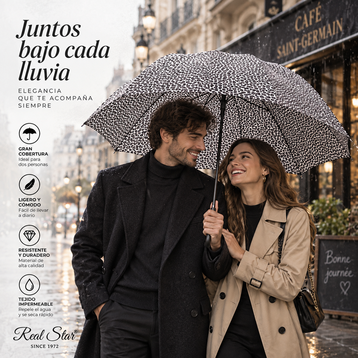 Home Universal® Paraguas Grande Semiautomático, Paraguas Largo Resistente al Viento con Mango Curvo para Mujer y Hombre (Leopardo Gris)