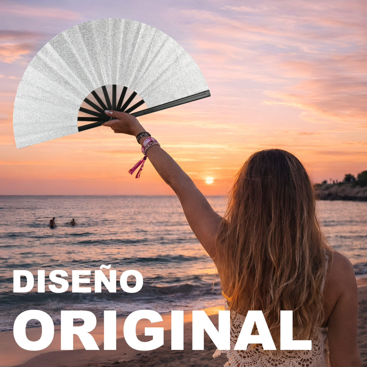 Home Universal® Abanico XXL 33 cm Grande de Plástico con Caja – Plegable, Ligero y Resistente – Efecto Fluorescente Brillante – Ideal para Verano, Fiesta, Discoteca, Pride y Eventos - Plateado (Purpurina)