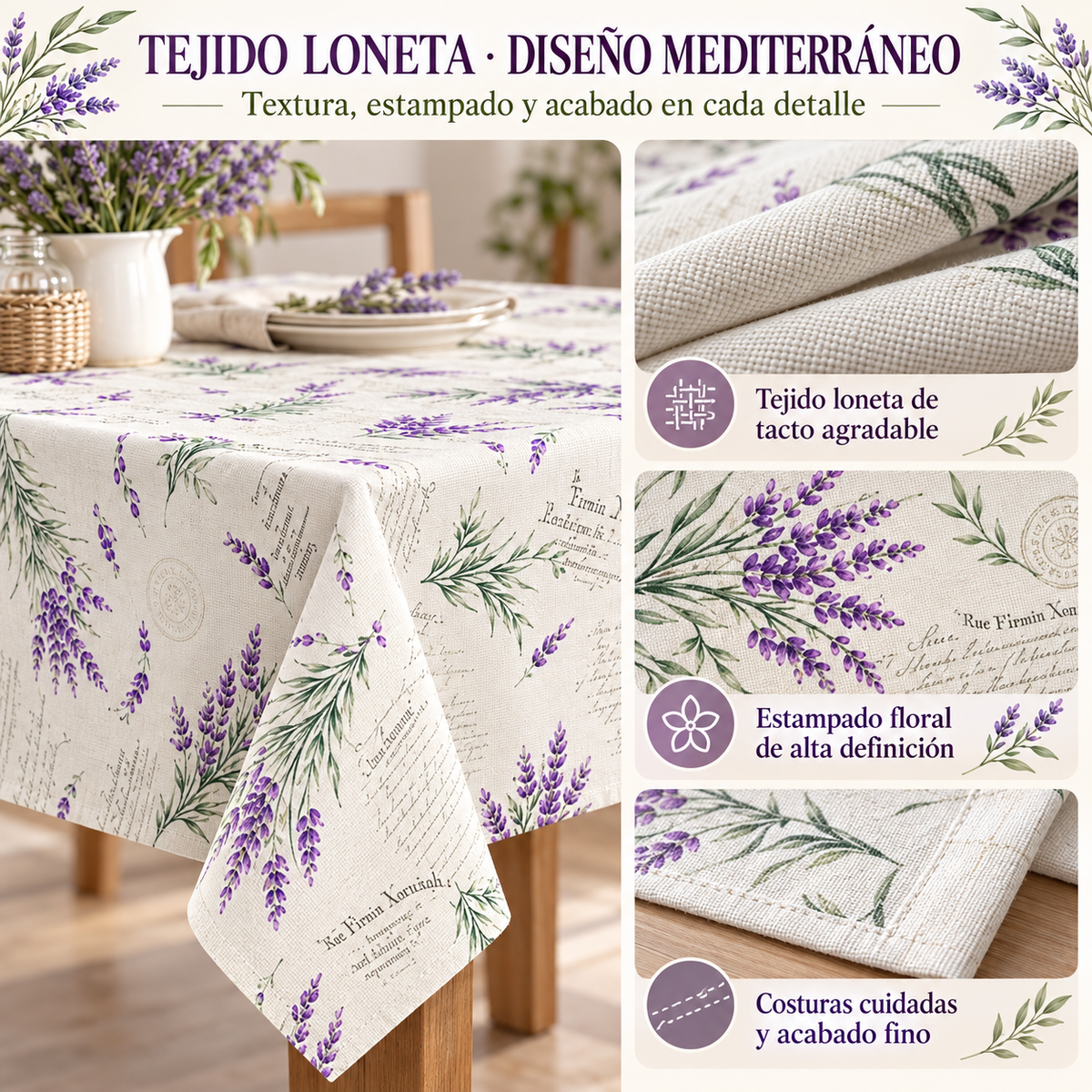 Home Universal® Mantel de Mesa Impermeable y Antimanchas, Tejido de Loneta con Efecto Lino , Liso o Estampado, para Cocina y Comedor (Lavanda)