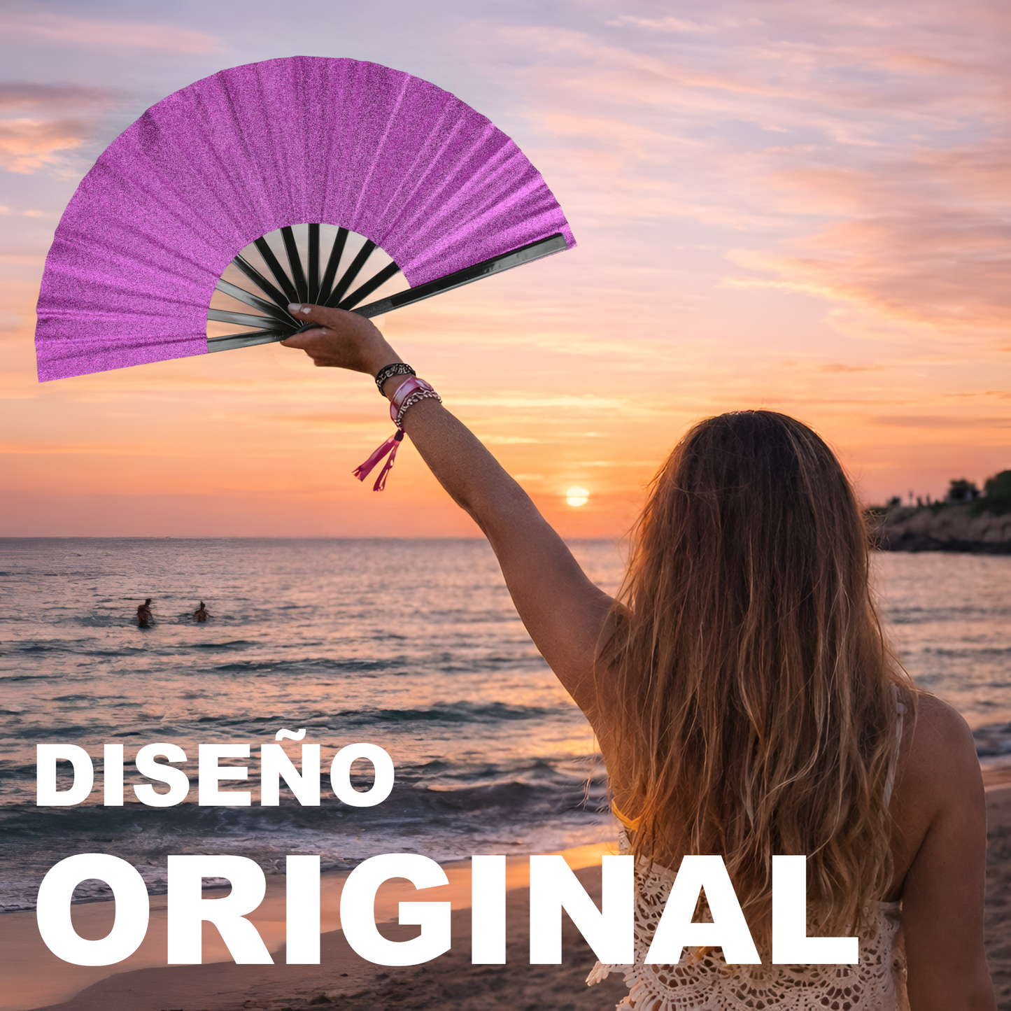 Home Universal® Abanico XXL 33 cm Grande de Plástico con Caja – Plegable, Ligero y Resistente – Efecto Fluorescente Brillante – Ideal para Verano, Fiesta, Discoteca, Pride y Eventos - Morado (Purpurina)
