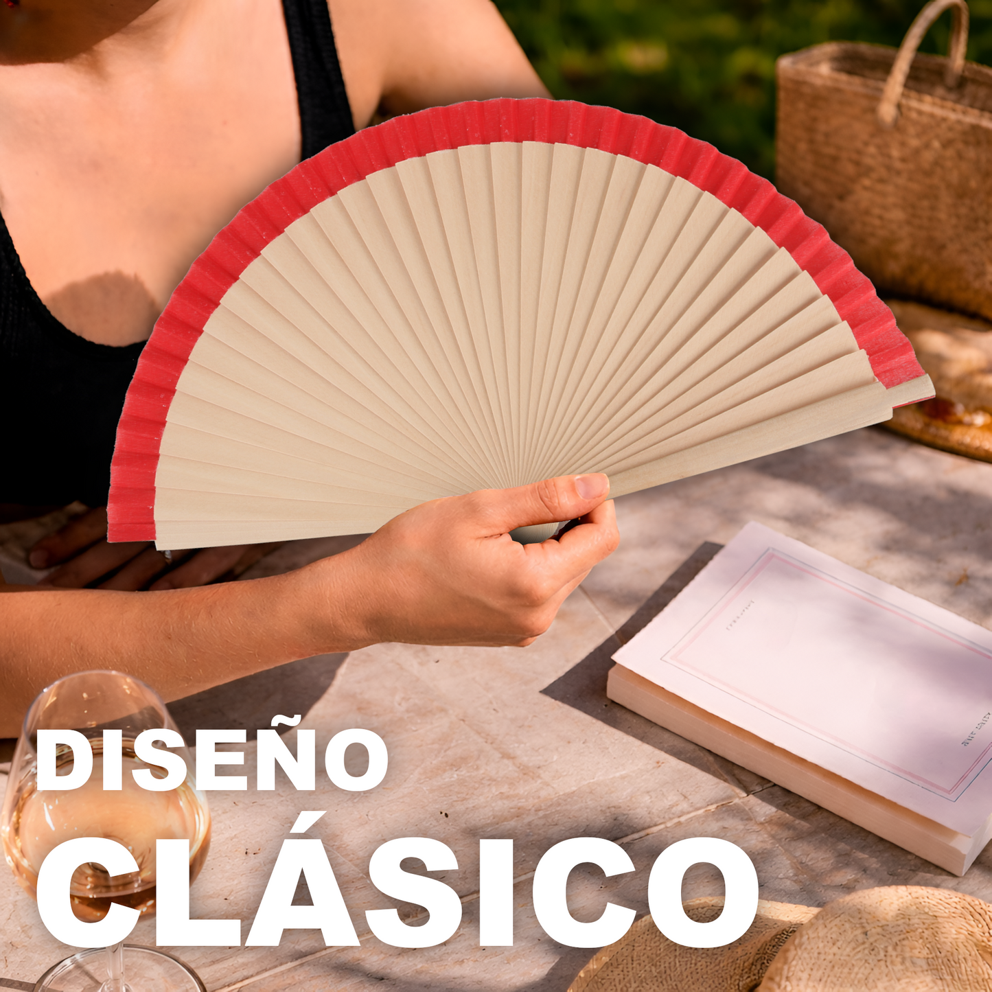 Home Universal®  Abanicos de Madera con Argolla para Cuello, Plegables con Tela en Varios Colores - Ligeros, Portátiles y Resistentes para Eventos, Bodas y Verano - Rojo 23 CM (12 Unidades)