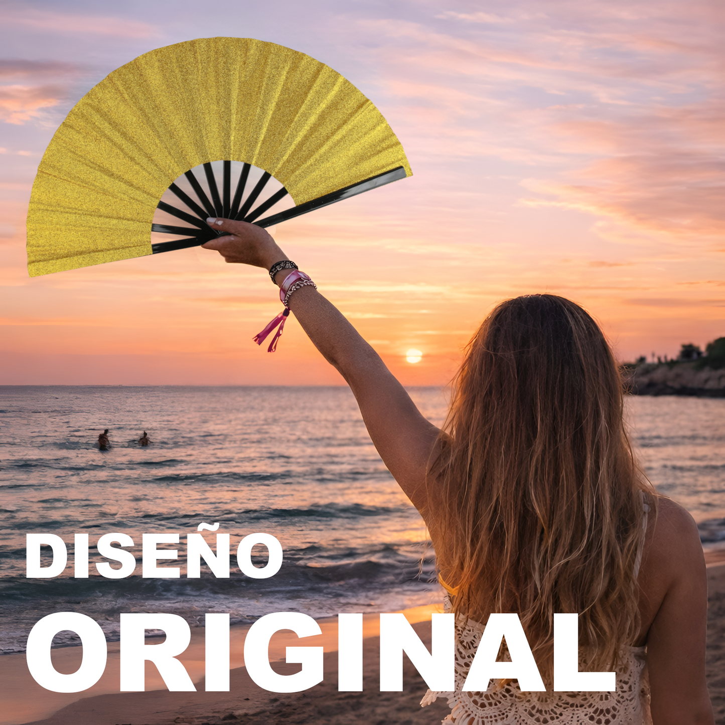 Home Universal® Abanico XXL 33 cm Grande de Plástico con Caja – Plegable, Ligero y Resistente – Efecto Fluorescente Brillante – Ideal para Verano, Fiesta, Discoteca, Pride y Eventos - Dorado (Purpurina)