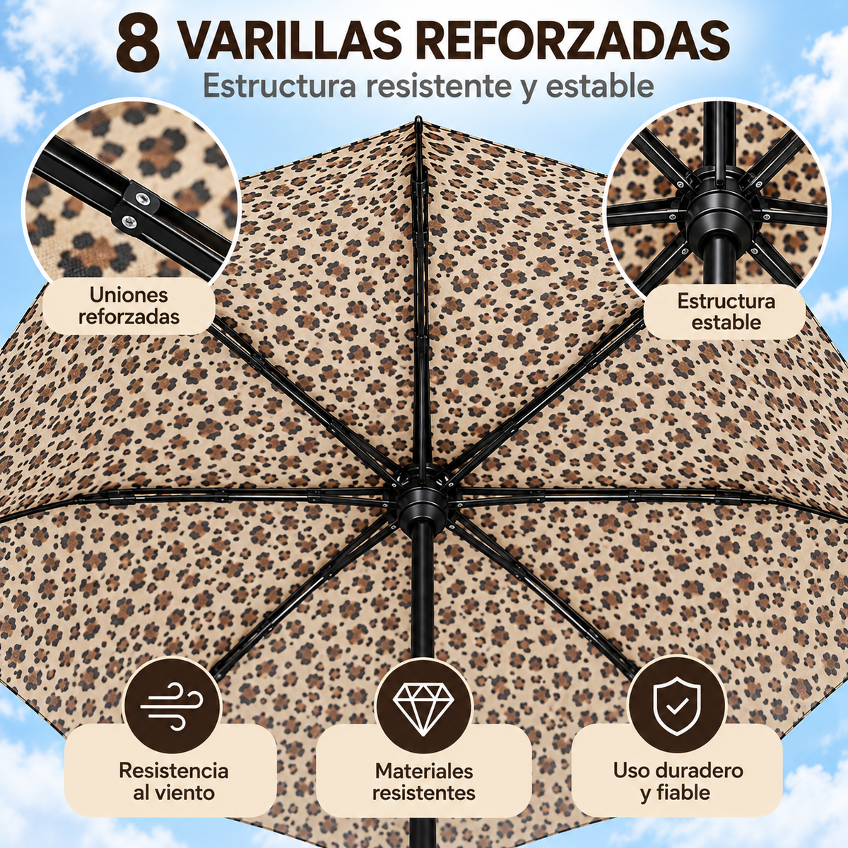Home Universal® Paraguas Automático Plegable Grande, Compacto y Resistente, para Lluvia y Sol (Automático Apertura y Cierre (Leopardo Beige))
