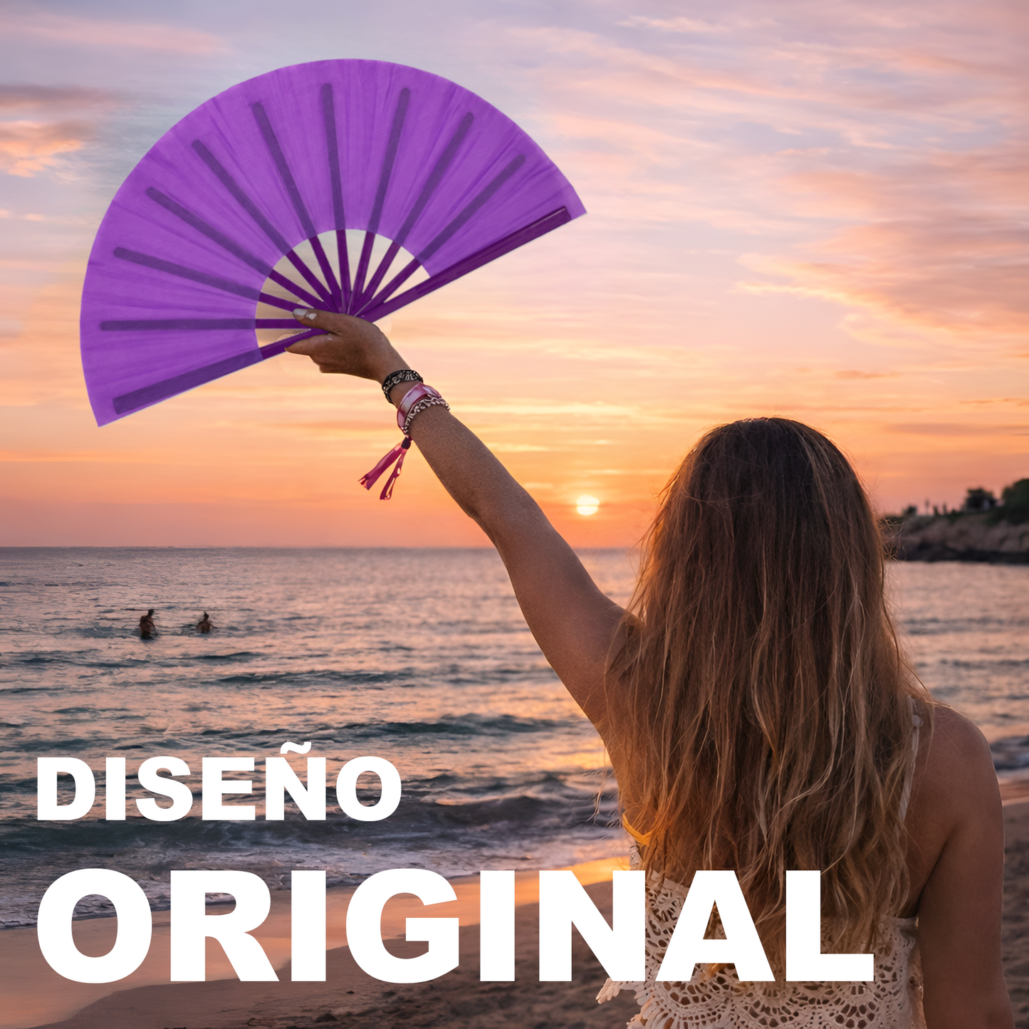 Home Universal® Abanico XXL 33 cm Grande de Plástico con Caja – Plegable, Ligero y Resistente – Efecto Fluorescente Brillante – Ideal para Verano, Fiesta, Discoteca, Pride y Eventos - Morado (Liso)