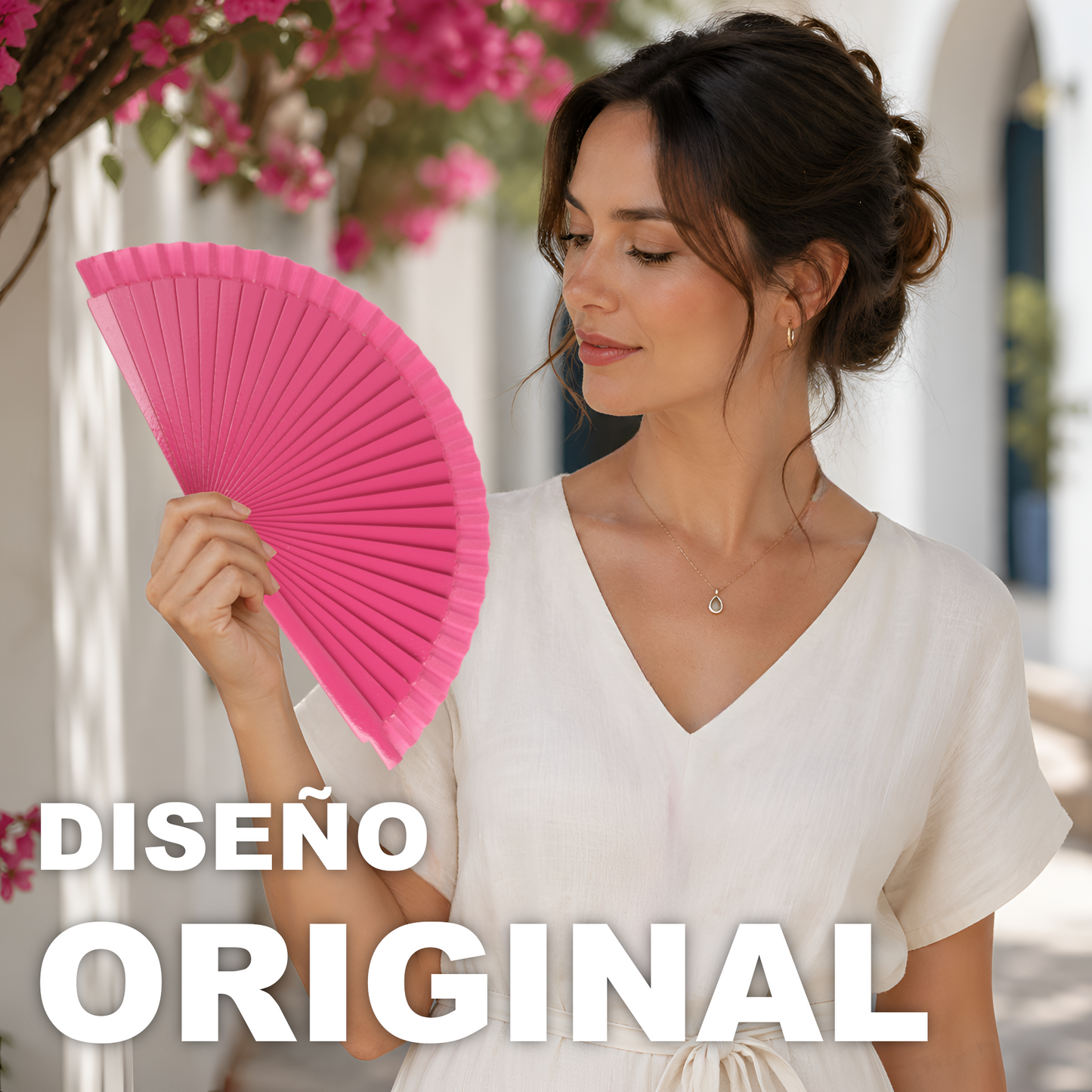 Home Universal® Pack de 1/2 Abanicos de Madera Lacados, Disponibles en Varios Colores y Tamaños, Abanico Flamenco Español para Bodas, Ferias, Fiestas, Comuniones y Eventos (23 cm, Rosa Fucsia)
