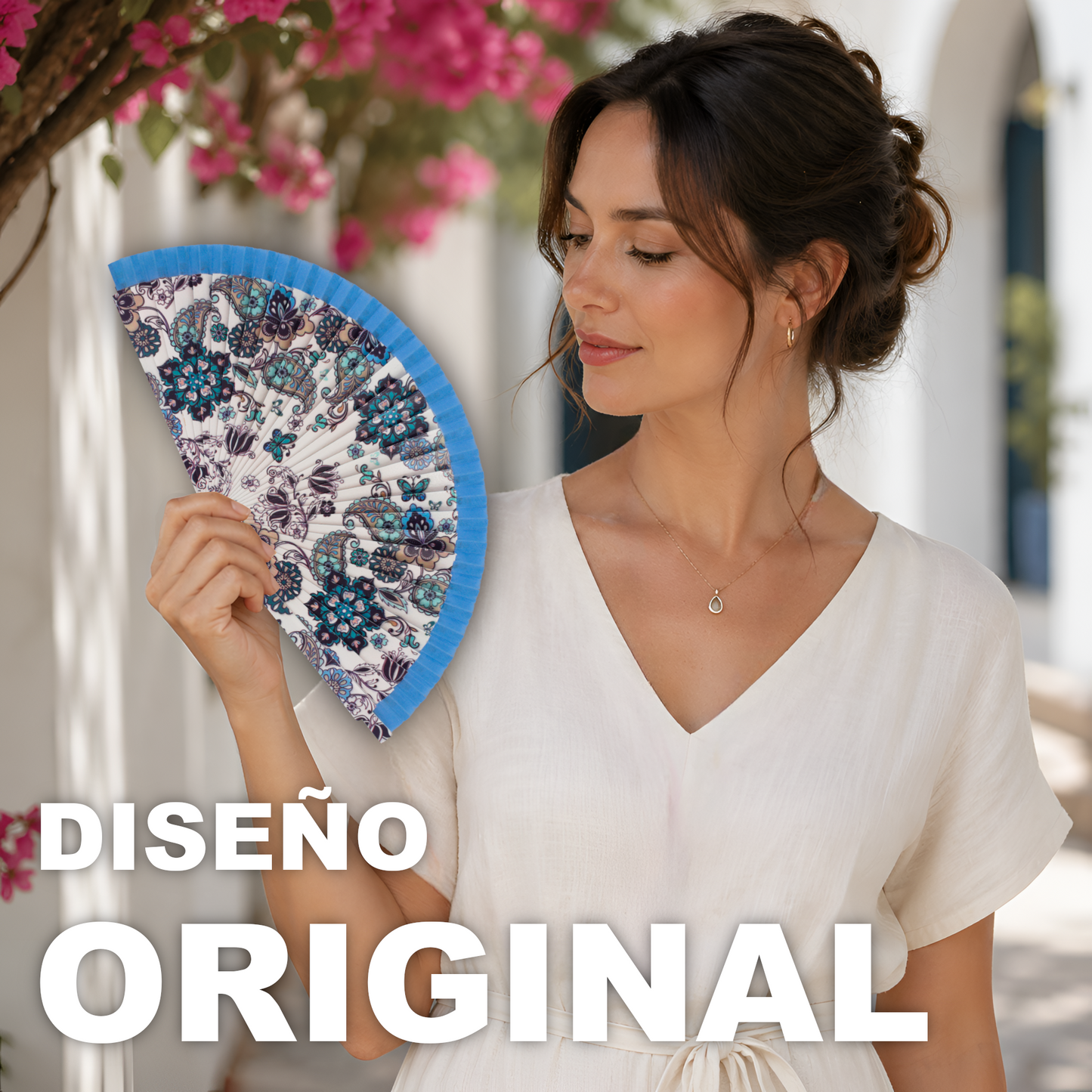 Home Universal®  Abanico 23CM DE Madera Lisa con Tela de Marfil, Abanico de Madera Adornado, Abanico Original - Estampado Floral con Tela Azul Celeste