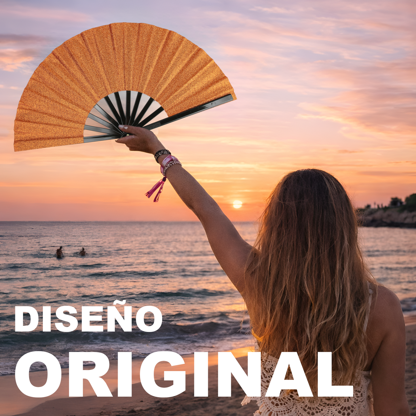 Home Universal® Abanico XXL 33 cm Grande de Plástico con Caja – Plegable, Ligero y Resistente – Efecto Fluorescente Brillante – Ideal para Verano, Fiesta, Discoteca, Pride y Eventos - Naranja (Purpurina)
