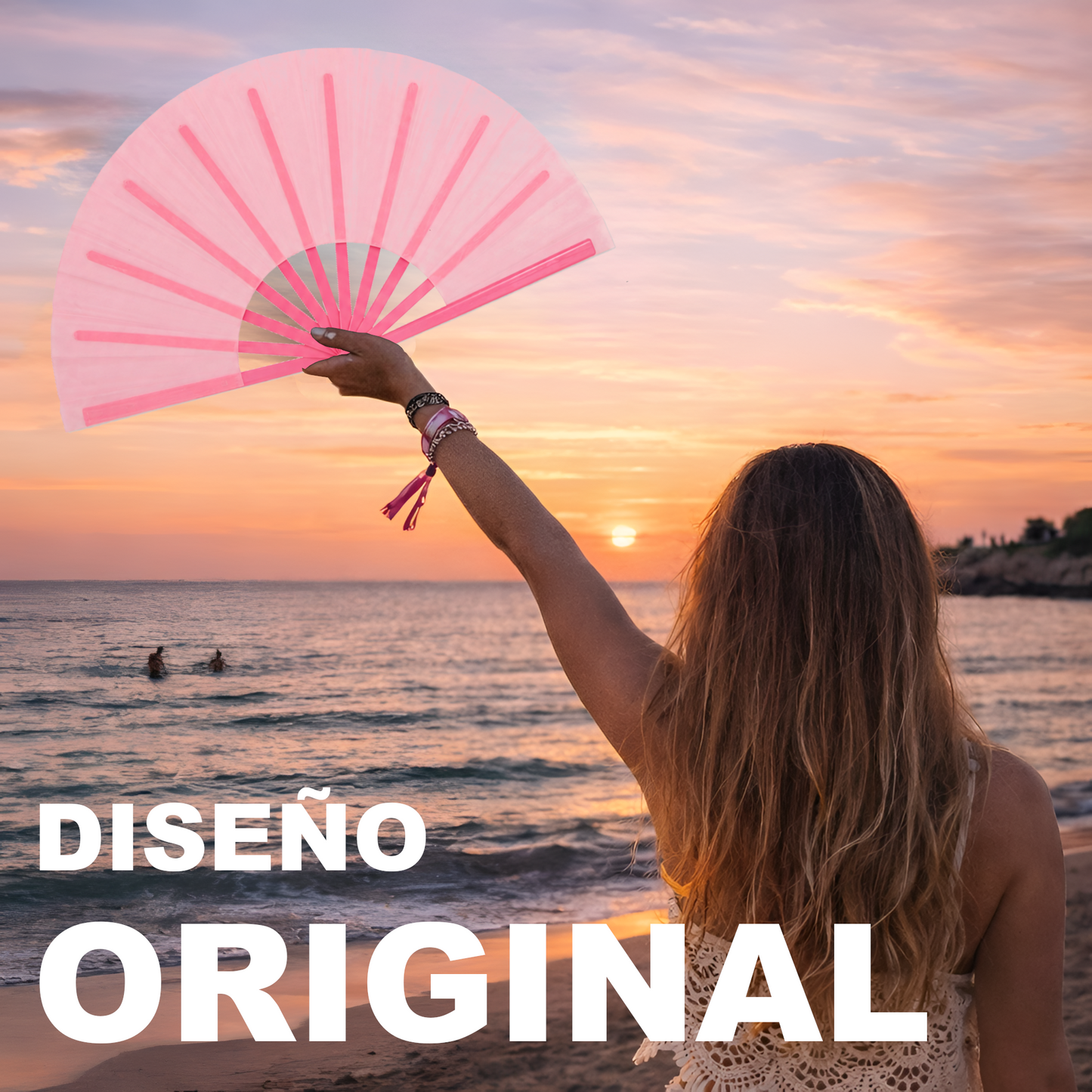 Home Universal® Abanico XXL 33 cm Grande de Plástico con Caja – Plegable, Ligero y Resistente – Efecto Fluorescente Brillante – Ideal para Verano, Fiesta, Discoteca, Pride y Eventos - Rosa Palo (Liso)