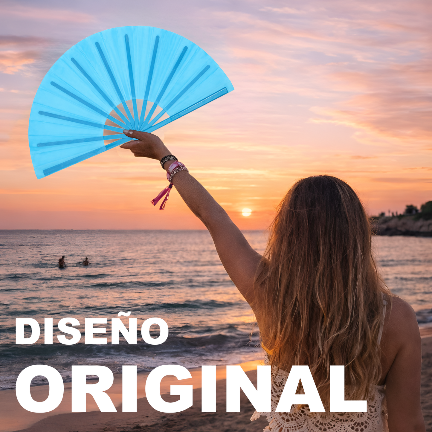 Home Universal® Abanico XXL 33 cm Grande de Plástico con Caja – Plegable, Ligero y Resistente – Efecto Fluorescente Brillante – Ideal para Verano, Fiesta, Discoteca, Pride y Eventos - Azul (Liso)