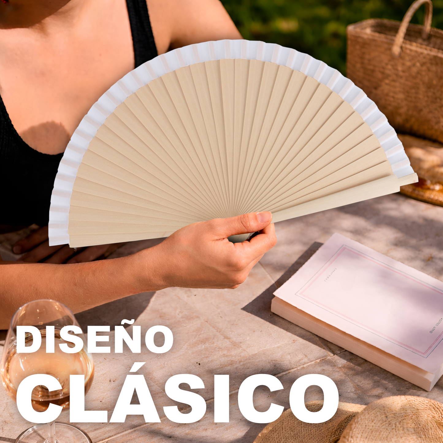 Home Universal®  Abanicos de Madera con Argolla para Cuello, Plegables con Tela en Varios Colores - Ligeros, Portátiles y Resistentes para Eventos, Bodas y Verano - Blanco 23 CM (12 Unidades)