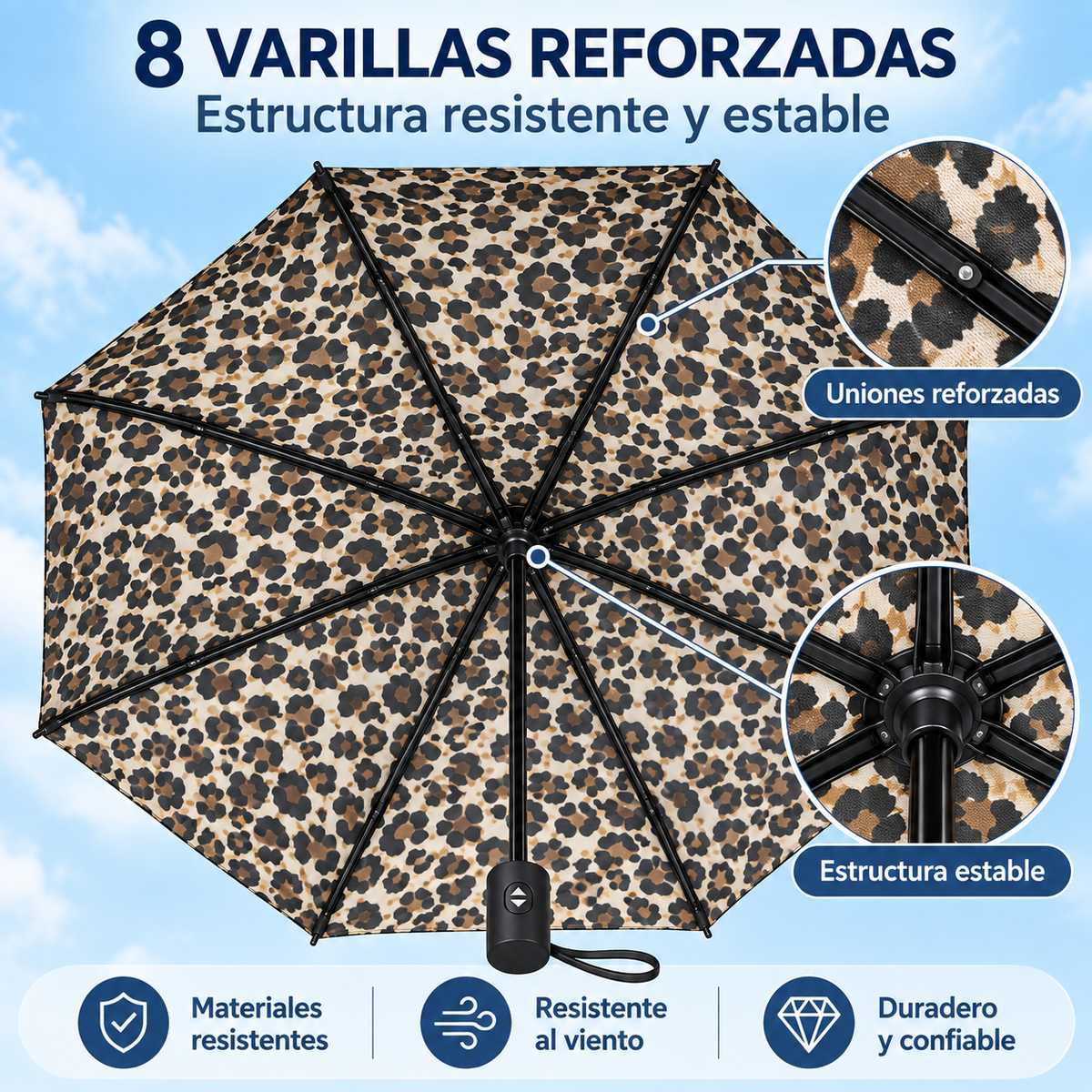 Home Universal® Paraguas Automático Plegable Grande, Compacto y Resistente, para Lluvia y Sol (Automático Apertura y Cierre (Leopardo Marrón))