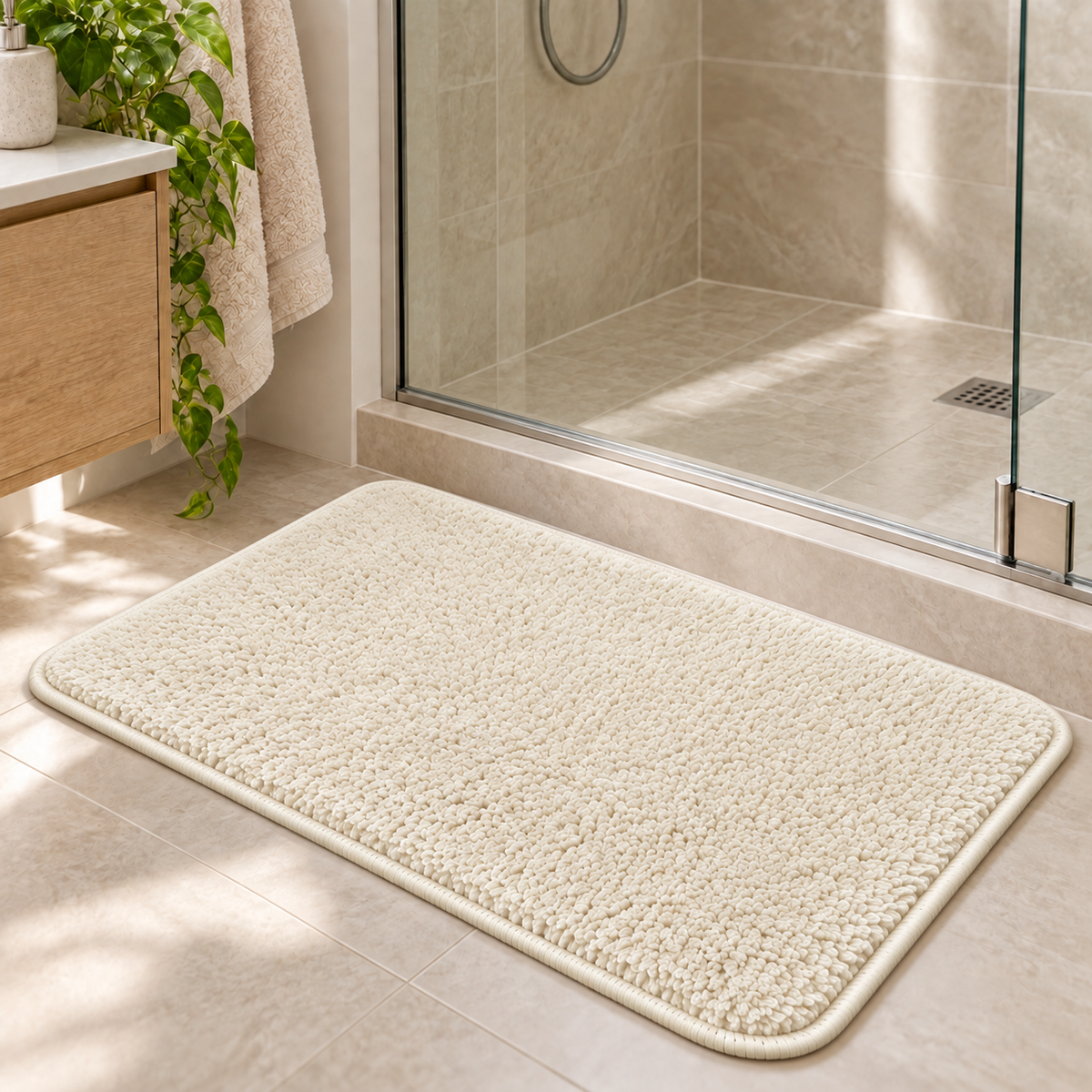 Home Universal® 2 Alfombras de Baño Absorbentes y Antideslizantes, Alfombrillas Suaves con Base de Goma, Lavables a Máquina, para Ducha, Bañera y Lavabo (Crema, 45 x 75 cm (Rectangular))