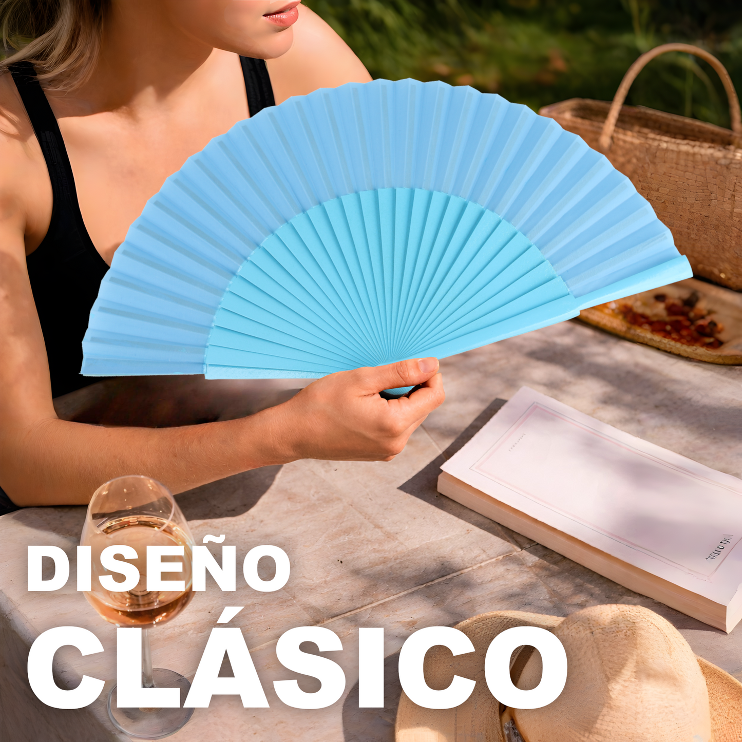 Home Universal® Abanico de madera con argollas para colgar, plegable, ligero y resistente, ideal para bodas, eventos y verano, diseño clásico y portátil perfecto para regalo y uso diario - Azul Celeste (27CM)