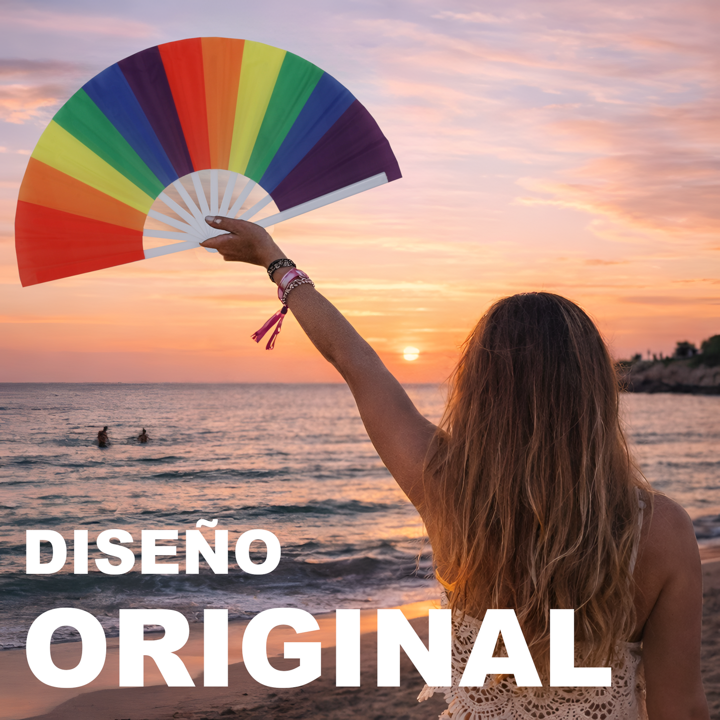 Home Universal® Abanico XXL 33 cm Grande de Plástico con Caja – Plegable, Ligero y Resistente – Efecto Fluorescente Brillante – Ideal para Verano, Fiesta, Discoteca, Pride y Eventos (Arcoíris Vivo - Estampado)