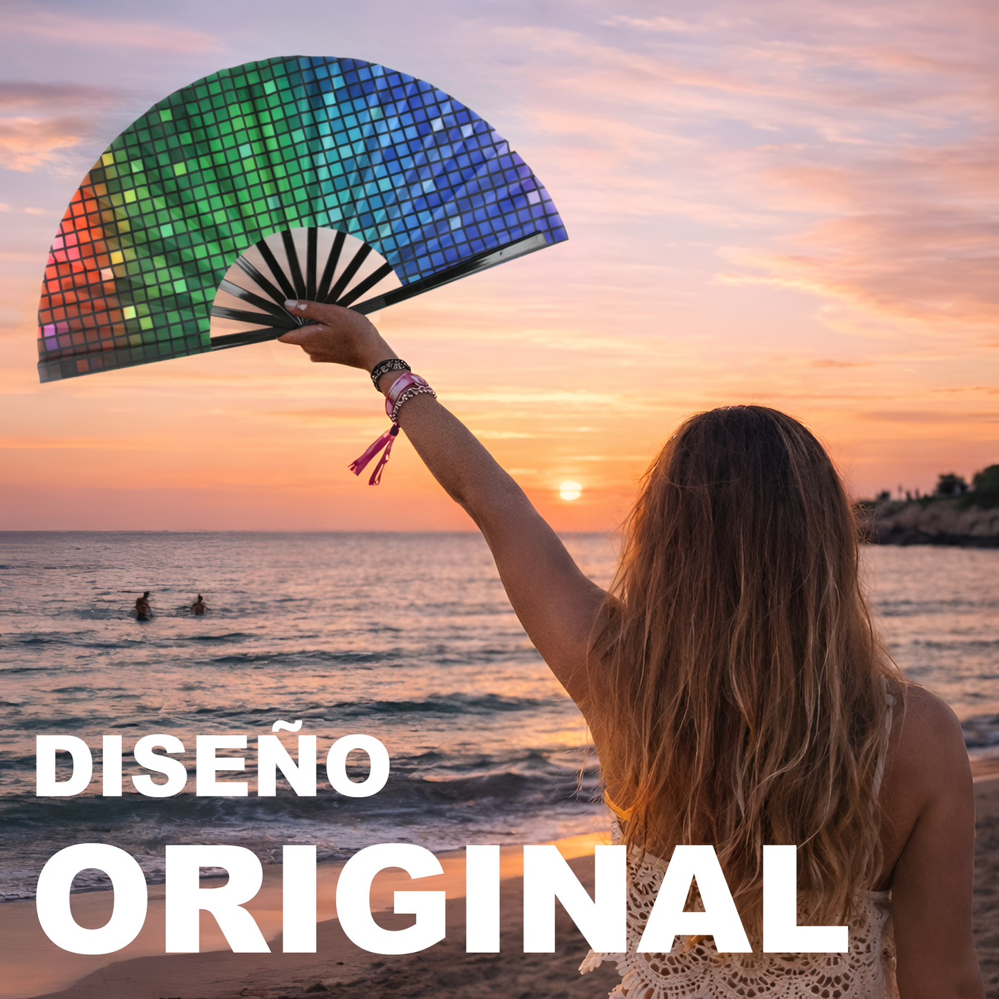 Home Universal® Abanico XXL 33 cm Grande de Plástico con Caja – Plegable, Ligero y Resistente – Efecto Fluorescente Brillante – Ideal para Verano, Fiesta, Discoteca, Pride y Eventos (Discoteca - Cuadrado)